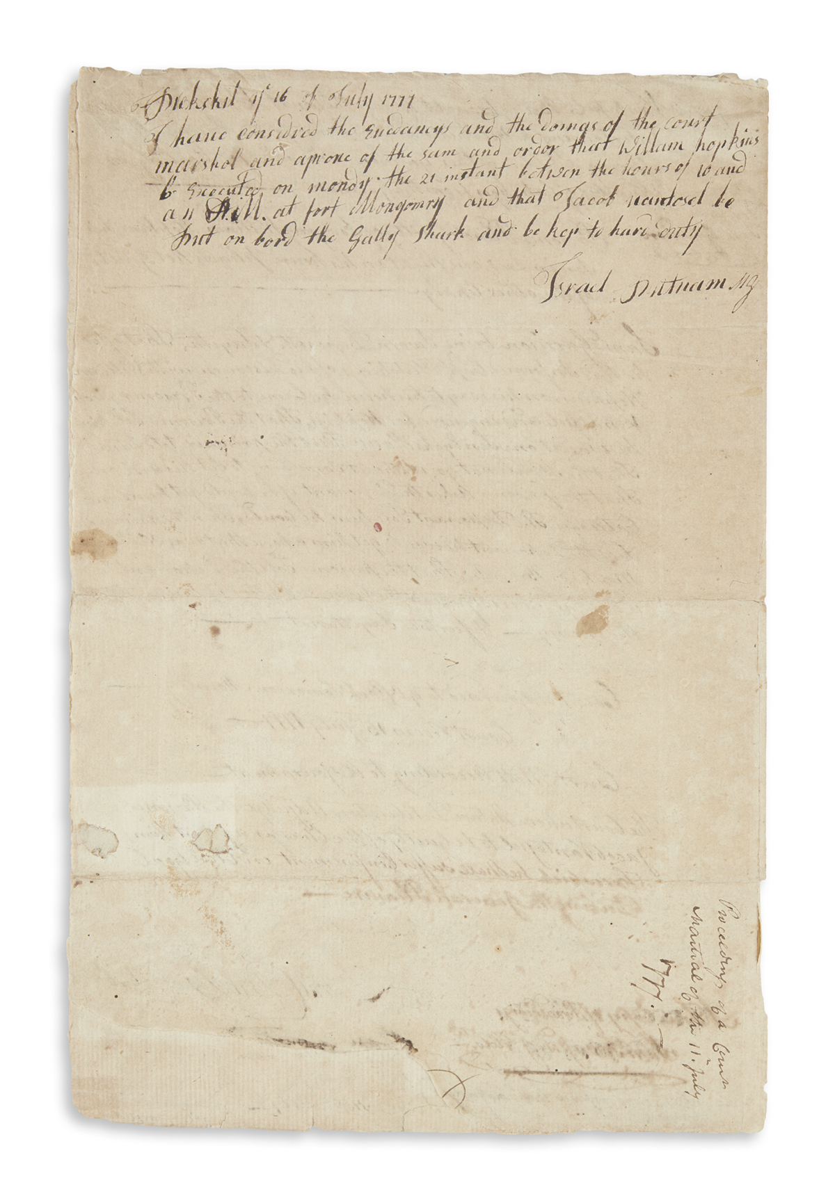 PUTNAM, ISRAEL. Autograph endorsement Signed, as Major General, six lines on the terminal page of a document recording a court-martial